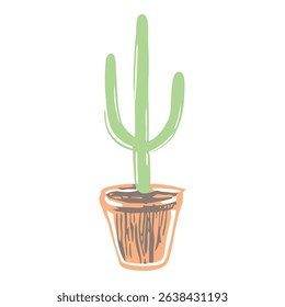 A rustic-themed drawing of a cactus in a pot, featuring earthy tones and minimalist design. Perfect for modern home decor, botanical art, and interior decoration projects.