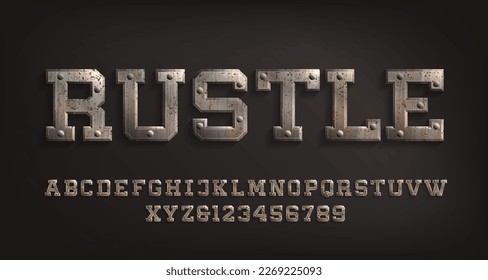 Rustle alphabet font. Rust metal letters and numbers with rivets. Stock vector typeface for your typography design.