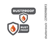 Rustproof with shield and water drop label. Rust proof vector tag.