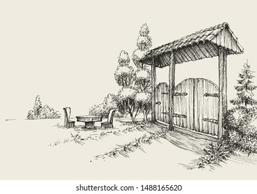 Rustsic wooden gate, farm entrance hand drawing