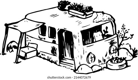 Rusty abandoned van ink illustration. Simple vector doodle drawing. 