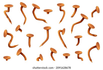 Rusty bent nails and heads, isolated vintage iron metal vector nails. Cartoon crooked nails and hobnails with rust, bent by hammer, old pins or spikes with broken and curved edges