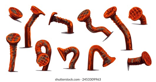 Rusty bent wall nails and hobnails with corroded surfaces and distorted shapes. Vector set of metal hardware spikes of orange color, curved and hammered into wall isolated old iron carpentry items