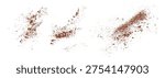 Rusty brown powder splatter isolated on white background. Horizontal set of abstract dust and grain particles, grunge dirt splash texture for overlays