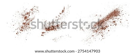 Rusty brown powder splatter isolated on white background. Horizontal set of abstract dust and grain particles, grunge dirt splash texture for overlays