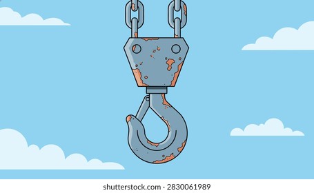 Rusty crane hook hangs against a blue sky with soft white clouds, symbolizing industrial wear and heavy lifting equipment in outdoor settings.