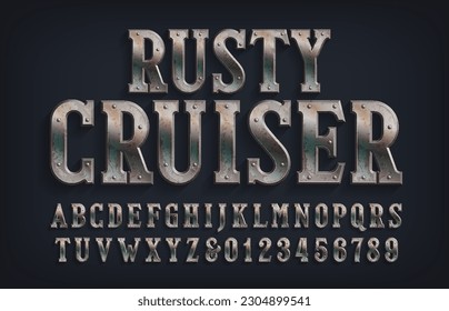 Rusty Cruiser alphabet font. Distressed metal letters and numbers with rivets. Stock vector typescript for your design.