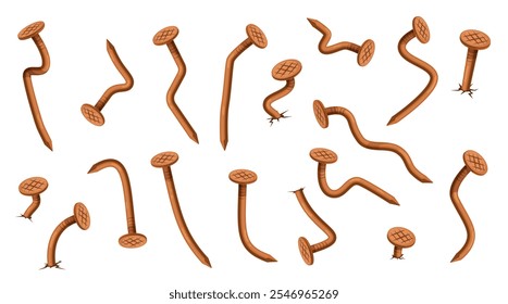 Rusty curved nails. Vintage iron bent hobnails with checkered heads, hammered old pins, carpentry connecting industrial instrument elements, cartoon flat isolated nowaday vector set