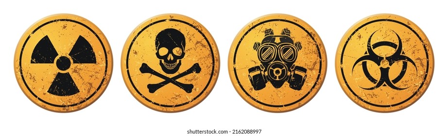 Rusty Danger Warning Circle Yellow Sign. Radiation, Toxic, Poison, Skull And Crossbones, Gas Mask Warning, Biohazard signs. Vector Illustration
