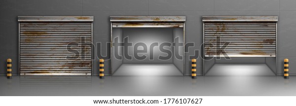 Rusty garage doors, warehouse entrances with\
ferruginous close and open roller shutters. Empty hangar boxes,\
Realistic 3d vector storage for car parking, rooms for repair\
service with metal\
doorways