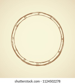 Rusty gold metal rim pin wreath element on white backdrop. Freehand line black ink hand drawn warranty logo pictogram design in aged rough art doodle cartoon style pen stroke on paper space for text