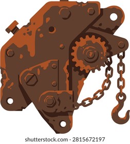 Rusty industrial chain hoist with gears, hook, and mechanical lifting mechanism in vintage vector illustration style, isolated on a light background.