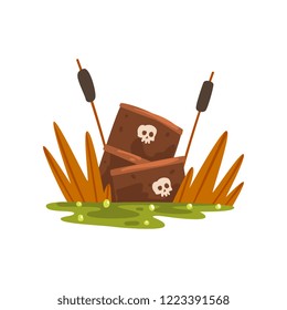 Rusty leaking barrels of toxic waste in a swamp, ecological problem, environmental pollution concept, vector Illustration on a white background