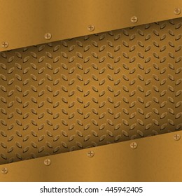 Rusty Metal Background with plate and rivets. Metallic grunge texture. Brass, copper latticed template. Abstract techno vector illustration.
