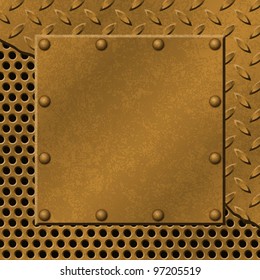 A Rusty Metal Background with Tread Plate, Mesh and Rivets