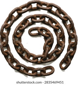 A rusty metal chain forms a spiral shape on a white background