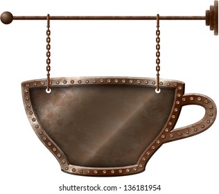 Rusty metal coffee cup signboard on chains