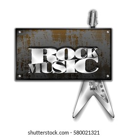Rusty metal sheet and iron rock music guitar. Isolated objects on a white background, can be used with any image or text.