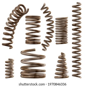 Rusty metal springs, old dirty coils for bed or car, flexible spiral parts isolated on white background. Steel industrial or mechanic garage equipment objects, realistic 3d vector set, clip art