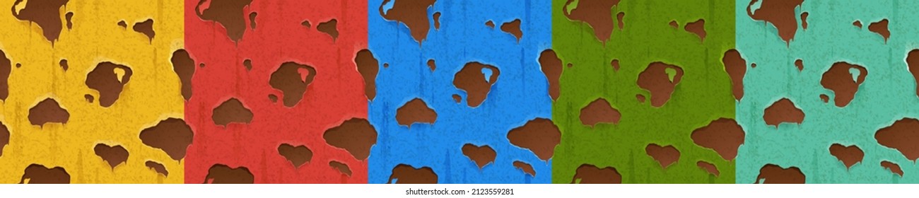 Rusty metal texture with holes, rust game design. Vector seamless background, red, yellow, blue, green and turquoise paints and ferruginous spots on rough metallic surface, Cartoon illustration, set