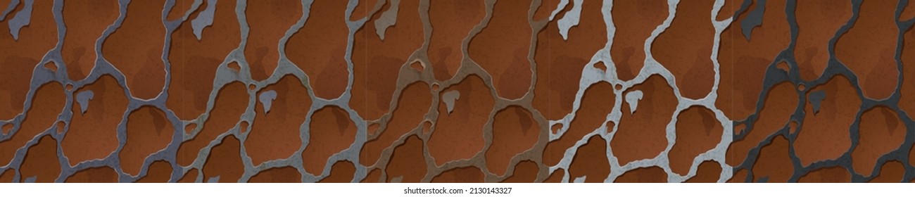 Rusty metal texture with holes, rust game design. Vector seamless background covered with brown ferruginous spots on rough metallic surface, old damaged weathered iron pattern, Realistic illustration