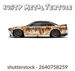 Rusty metal texture on a sleek, customized sports coupe. Perfect for car wraps, design projects, and more.
