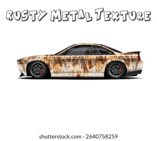 Rusty metal texture on a sleek, customized sports coupe. Perfect for car wraps, design projects, and more.