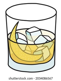 Rusty Nail classic IBA está catalogado como inolvidable cóctel en cristal de roca. Bebida amarilla a base de licor de whisky y miel adornada con un zest de limón. Elegante ilustración vectorial de dibujos animados a mano
