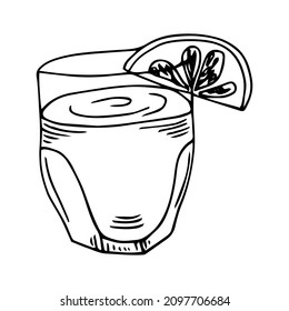 Rusty Nail classic IBA listed unforgettable cocktail in rocks glass. Whiskey and honey liquor based yellow drink garnished with lemon zest. Stylish hand-drawn doodle cartoon style vector illustration