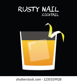 Rusty Nail cocktail illustration vector with lemon twist garnish on square black background.