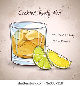 Rusty Nail Cocktail - mixed drink with lemon peel 