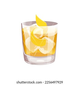 Rusty nail cocktail.Classic bar drink with lemon zest.Vector illustration.