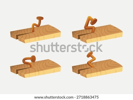 Rusty nails. curved nails hammered into a wooden block