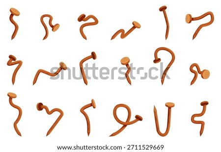 Rusty nails. Curved nail, old style hobnails cartoon icons. Industrial and repair equipment. Carpentry tools, iron elements for hanging and fastening, sapid vector set