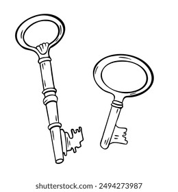 Rusty old keys black and white vector illustration isolated. Lock key silhouette drawn by ink . Adventure line art with vintage keys. Elements in contour for maritime design