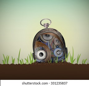 Rusty old metal robot buried surrounded with new growing grass, future disaster, disaster recovery, human and nature connection idea, 