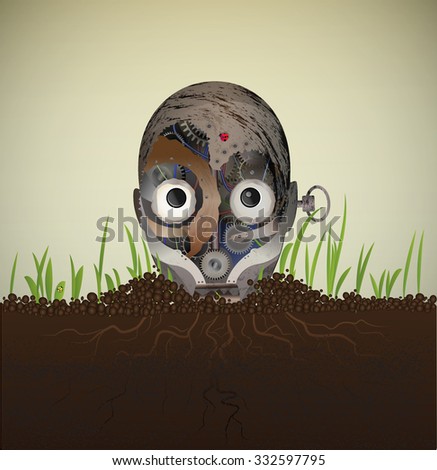 Rusty old metal robot buried and looks surpised, because ladybugs on his head and surrounded with new growing grass, disaster recovery, machine utilization idea, 