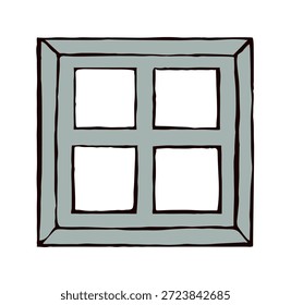 Rusty edad pasada Pequeña sucia vacía en blanco pobre granja granero lodge cabaña sill sash mira ver el panorama del sol del cielo claro. Esquema frontal negro dibujado a mano desgastado pvc panel logo borde pared retro doodle estilo de arte espacio de texto