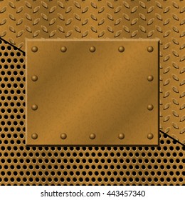 Rusty perforated Metal Background with plate and rivets. Metallic grunge texture. Brass, copper latticed template. Abstract techno vector illustration.