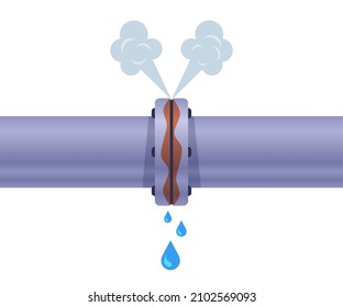 rusty pipe leaks and releases steam. flat vector illustration