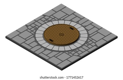 Rusty retro closed manhole on the cobblestone road isolated on white background.