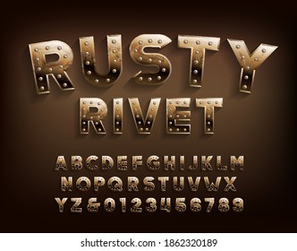 Letra rusty rivet del alfabeto. Letras metálicas dañadas y números con remaches. Escritura vectorial de material para su diseño.