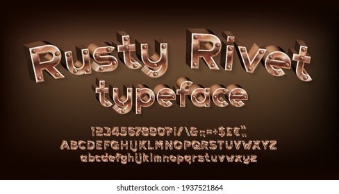 Rusty Rivet alphabet font. Steampunk 3D letters, numbers and punctuations. Uppercase and lowercase. Stock vector typescript for your design.