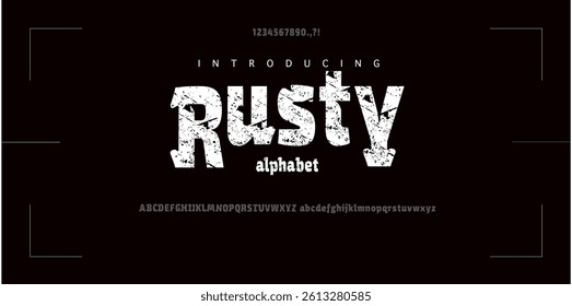 Rusty Rust font Sans serif font in the style of hand drawn graphic. Letters and numbers with vintage texture for logo and emblem design. Vector illustration Grunge American style