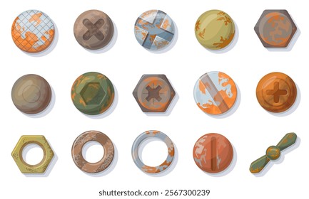 Rusty screw heads. Old screw nails head top view with grunge texture, metal bolt circle rivet rust vintage antique iron steel gold brass copper pin nut cap neat vector illustration original artwork