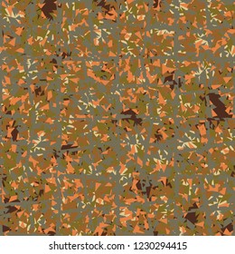 Rusty seamless pattern. Curve holey lattice on camouflage background.