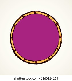 Rusty violet gold metal rim pin wreath element on white backdrop. Bright lilac color hand drawn warranty logo pictogram design in aged rough art doodle cartoon style stroke on paper space for text