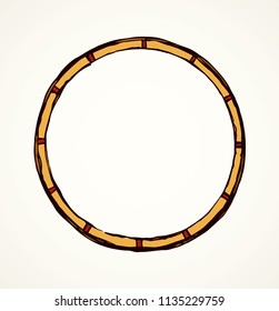 Rusty yellow gold metal rim pin wreath element on white backdrop. Bright red color hand drawn warranty logo pictogram design in aged rough art doodle cartoon style stroke on paper space for text