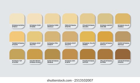 Rutabaga Colors Palette, Rutabaga Color Guide Palette with Color Names. Catalog Samples of cream with RGB HEX codes. plastic, paint, natural yellow, Fashion Trend Parsnips Rutabaga colored shades