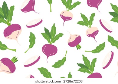 Patrón sin fisuras de vegetales Rutabaga. Fondo de la naturaleza de rutabaga aislado en blanco. Concepto de jardinería, agricultura y alimentación. Vector Anuncio plano.